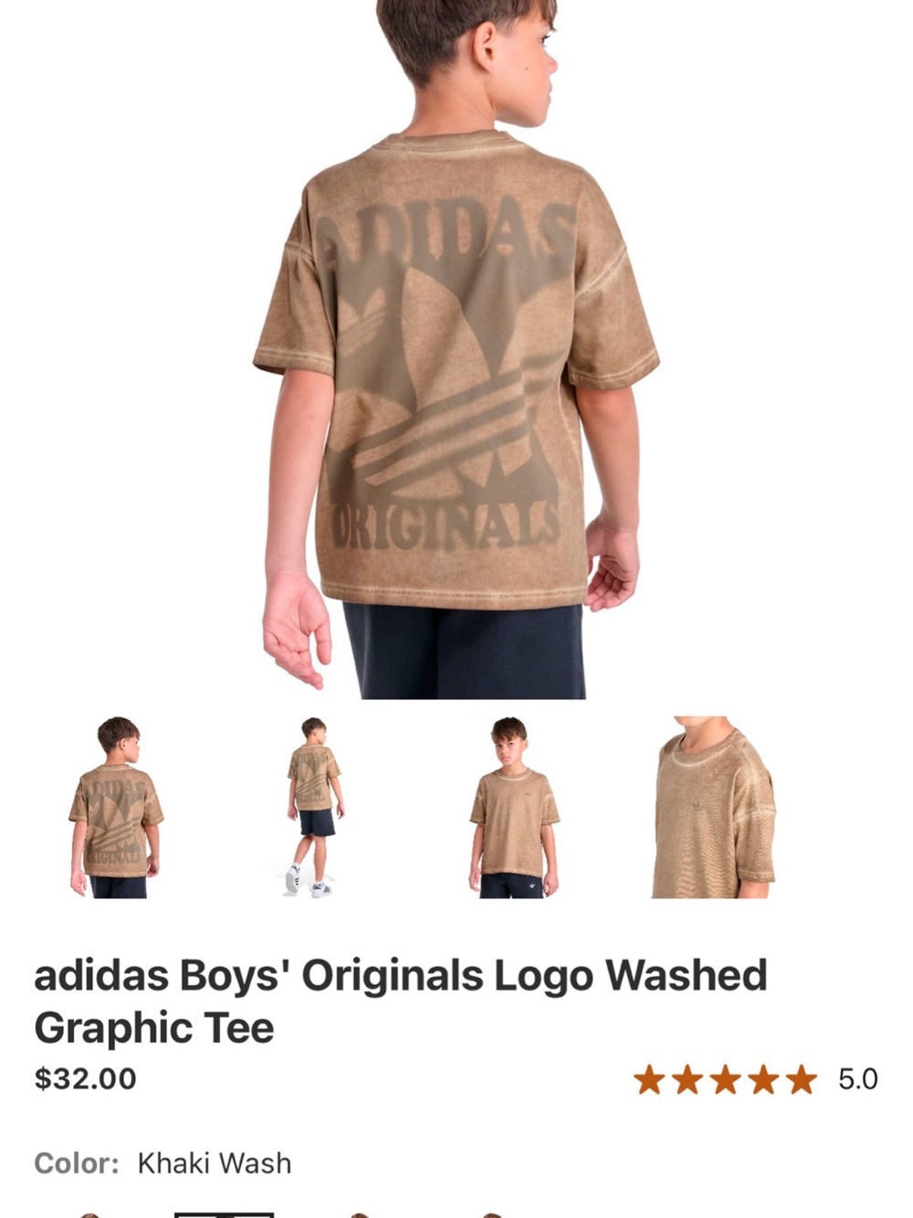 adidas Boys' Washed Khaki Graphic Tee with Large Trefoil Size Small NWT